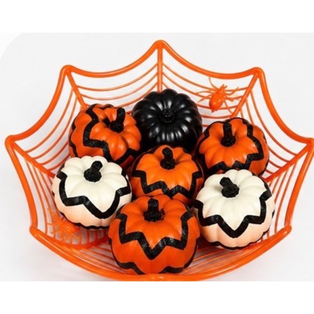 Halloween Spider Web Bowl with 7 Decorative Pumpkins Orange Black White Chevron